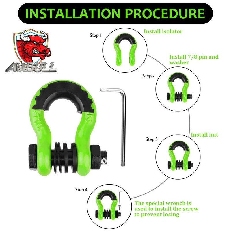 AMBULL Shackles 3/4" D Ring Shackle (2 Pack) 45,000lb Break Strength with 7/8" Pin, Anti Theft Security Screws, Isolator & Washer Kits for Use with Tow Strap Winch Truck Vehicle Recovery, Green - Image 4